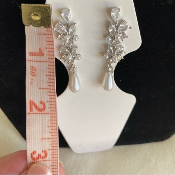 Pearl Diamond Silver Dangle Drop Earrings Bridal Wedding Bridesmaid New - Picture 6 of 7